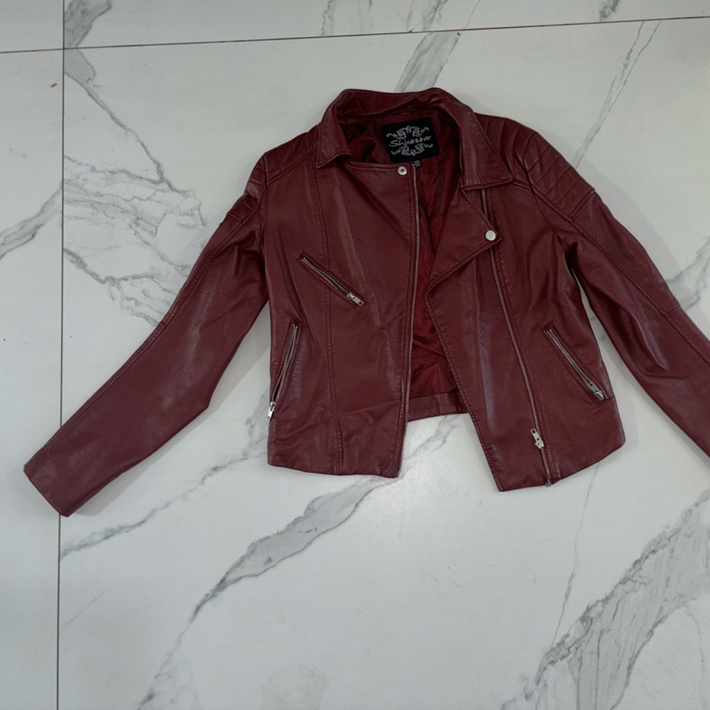 Burgundy/burnt red faux leather jacket